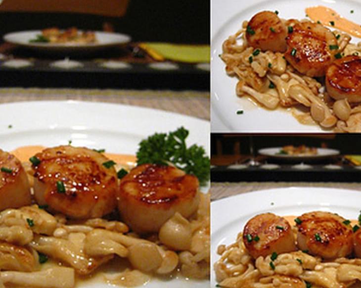 Seared Scallops in Spicy Cream Sauce with Buna Shimeji Mushrooms Recipe